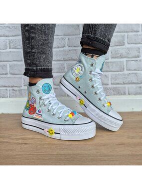 Converse Chuck Taylor Lift Platform Smiles 7.5 Womens shoes Sneaker Blue A16296C